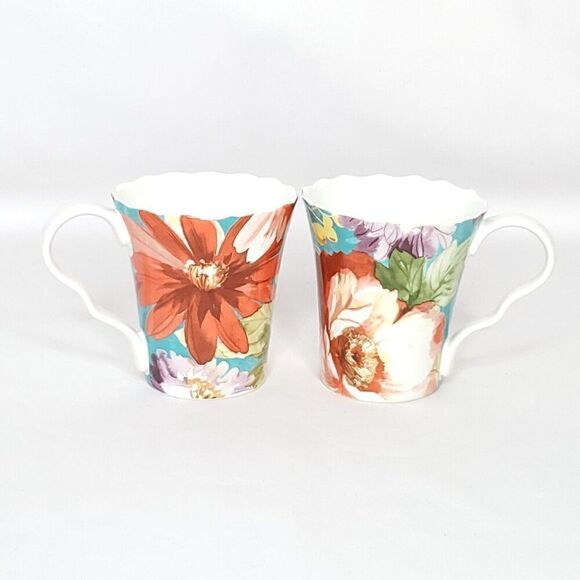 222 Fifth Natural Curiosities Floral Coffee Mugs Cottagecore Red Turquoise Blue - Picture 1 of 6